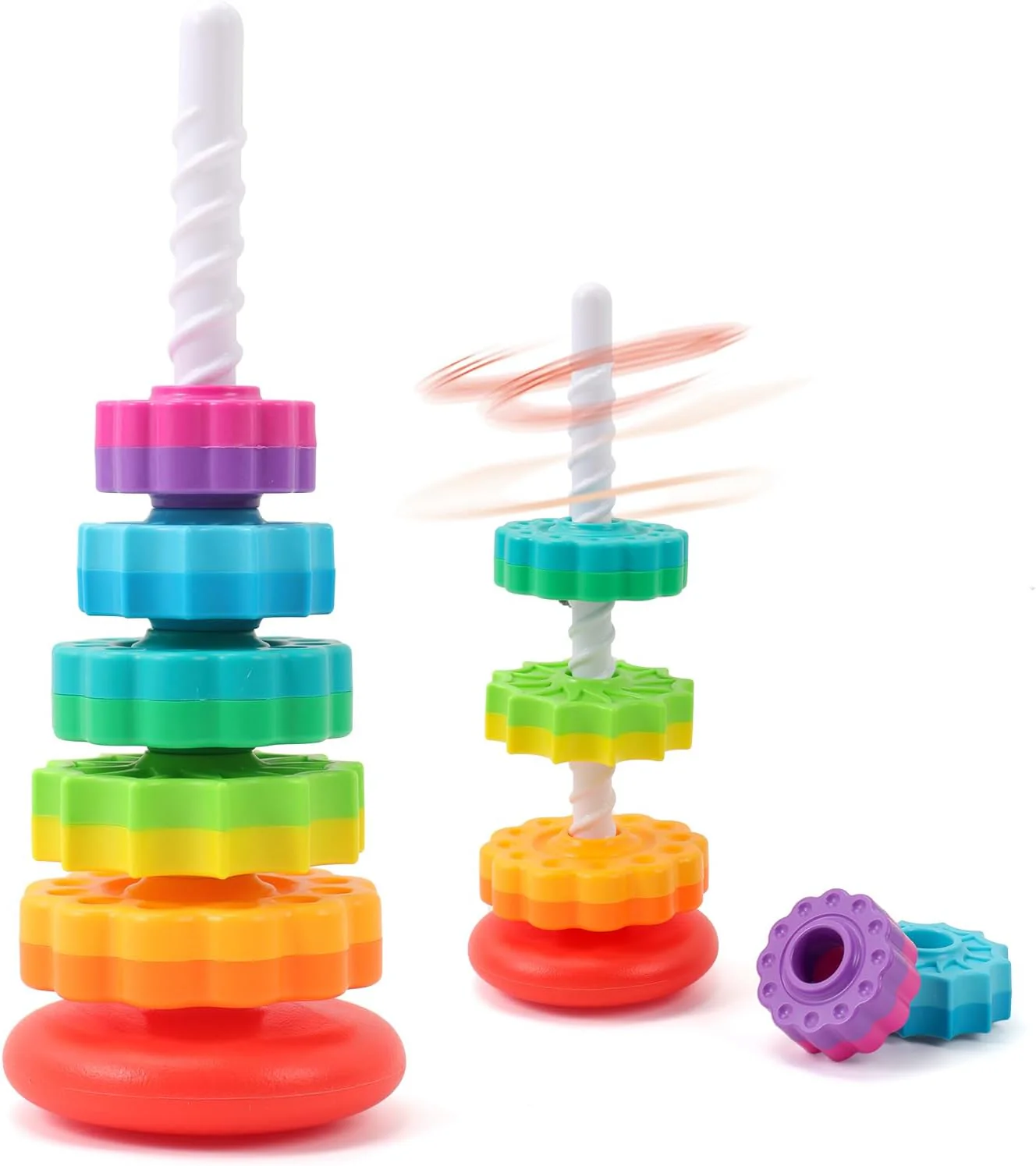 Baby Spinning Stacking Toys, 1-3 Rainbow Ring Stacker Montessori Toys for Babies, Sensory Toys for Toddlers, Christmas and Birthday Gifts Suitable for Boys and Girls (14 inches)
